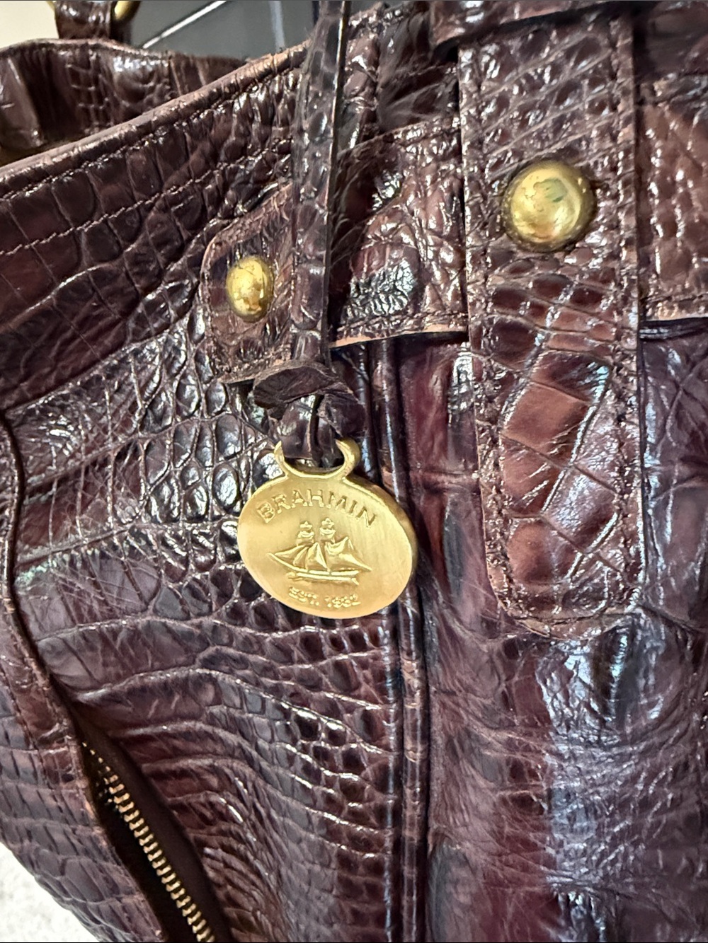 Brahmin Burgundy Croc Embossed Leather Hobo Shoulder Bag - Picture 4 of 6